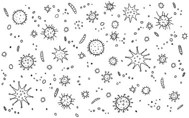 Virüs, Coronavirus. Arkaplan, kalıp, dış hatları moleküller ve hücre virüslü bakteri enfeksiyonu olan çerçeve. Basit siyah ve beyaz karalama simgeleri. Mikrobiyoloji.