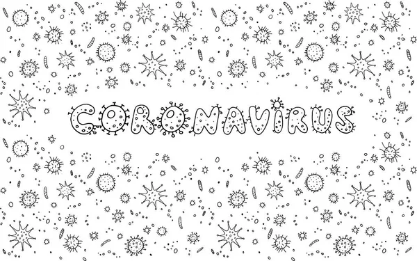 Coronavirus病毒轮廓字体涂鸦手写黑白字 带有分子病毒感染的背景 — 图库照片