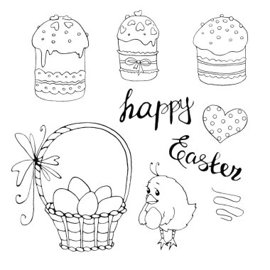Paskalya çizimleri, el çizimi, taslak tarzı, basit. Çiçek laleleri, tavuk, kelebek, yumurta sepeti, kalp, pasta, harf, yumurta ve kalp şeklinde lolipop. Boyama kitabı tasarım elementleri. Poster, kart şablonu.