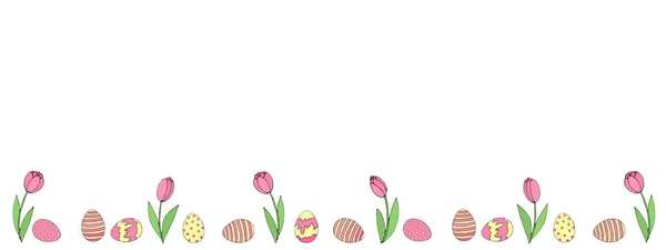 Húsvét Tavaszi Háttér Növekvő Virágok Tulipán Tojás Alsó Szélén — Stock Fotó