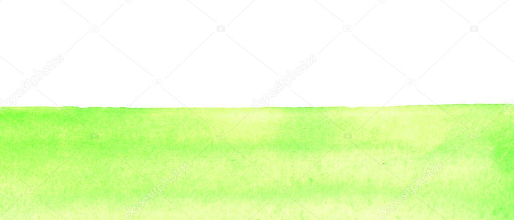 Sunny meadow, the land with green grass, abstract summer watercolor background. Stain blot spot blob. Template for postcard, banner, illustration.