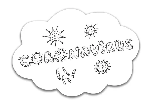 Coronavírus Vírus Delinear Contorno Lettering Doodle Manuscrito Preto Branco Antecedentes — Fotografia de Stock