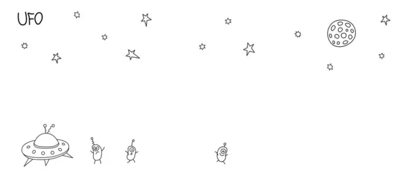 Hoş hatları olan komik uzaylılar, uçan daire, uzay gemisi. UFO 'nun arka planı, uzay. Çizimler vektör illüstrasyonu. Gece gökyüzü, yıldızlar.