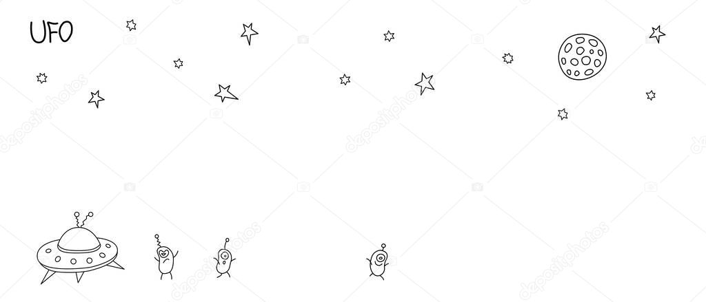 Cute outline funny aliens, flying saucer, spaceship. Background on the theme of UFO, space. Doodles vector illustration. Night sky, stars.
