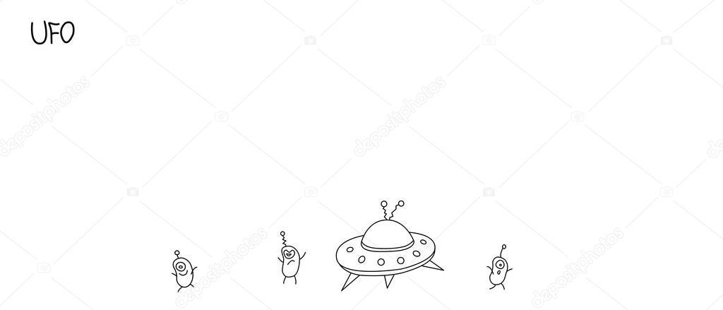 Cute outline funny aliens, flying saucer, spaceship. Background on the theme of UFO, space. Doodles vector illustration.