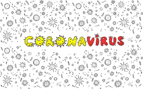 Coronavirus Virus Color Lettering Doodle Handwritten Hand Drawn Background Frame — Stock Photo, Image