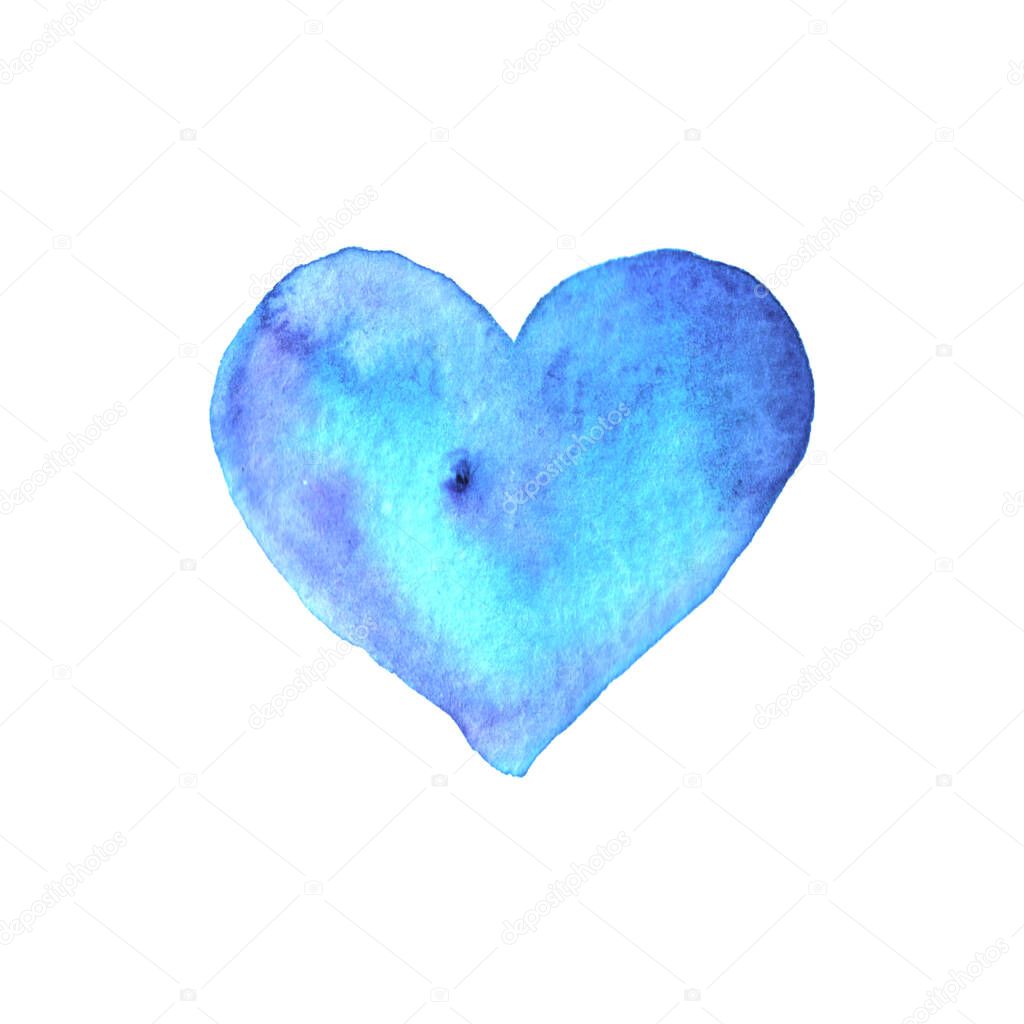 Watercolor big blue Heart love. Valentines day background and texture. Hand drawn.