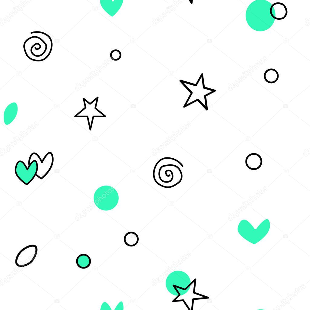 Seamless pattern of simple vector outline colorful elements stars hearts points circles rounds rings spirals helixes. For background of greeting cards, wrapping paper, birthday, fabric, textile, web.