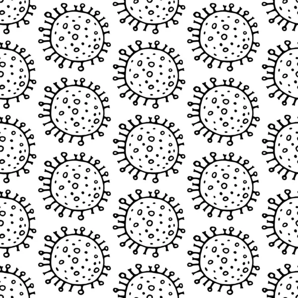 Бесшовный Шаблон Иллюстрации Вектора Коронавируса Бактерий Остановите Covid Черно Белый — стоковый вектор