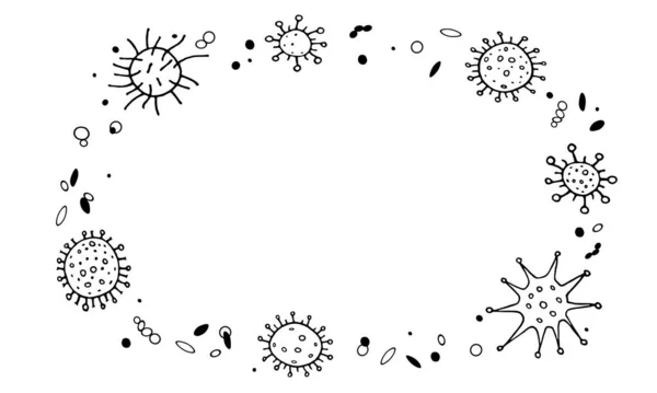 Háttér Keret Vírussal Molekuláris Vírusfertőzés Koronavírus Contour Firka Vázlat Vektor — Stock Vector