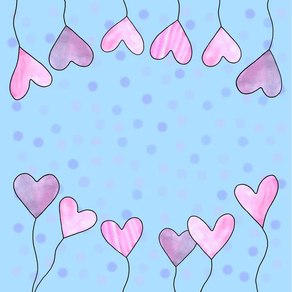 Kalp Şeklinde Pembe Suluboya Balonlar Tebrik Kartları Için Şablon Arka — Stok fotoğraf