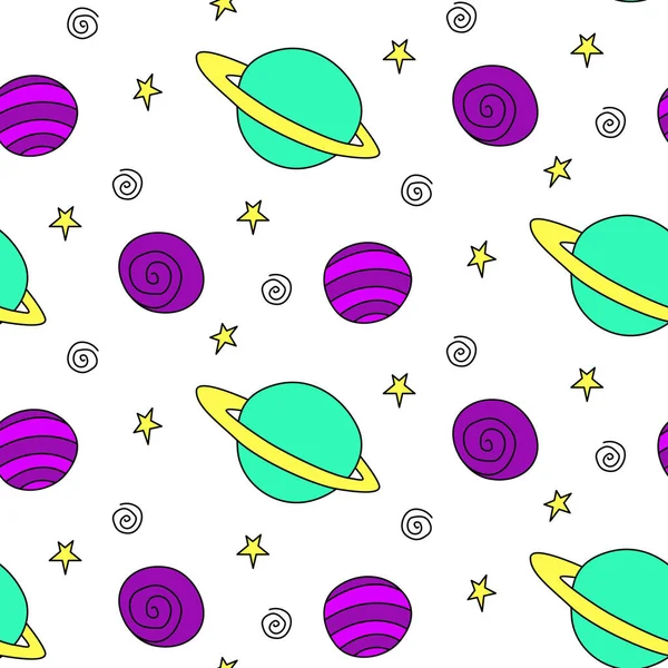 Modèle Sans Couture Bébé Différentes Planètes Dessins Animés Multicolores Étoiles — Image vectorielle