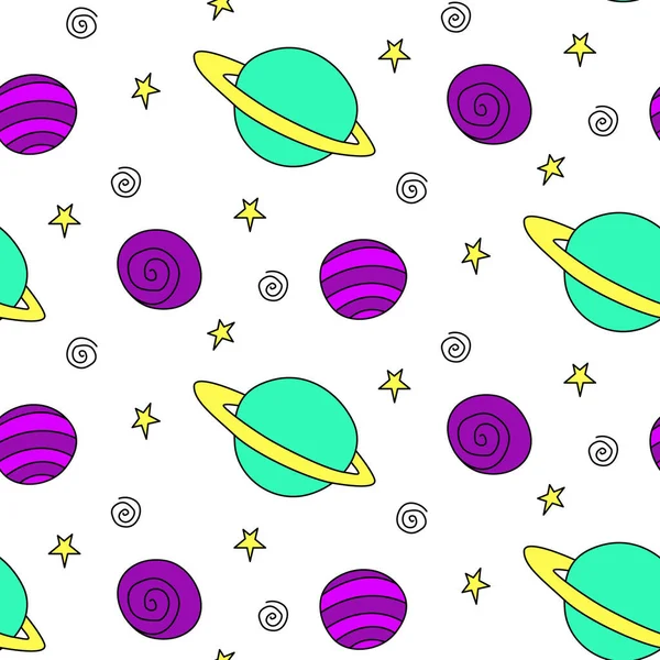 Baby seamless pattern. Different multi-colored cartoon planets and stars in space. Vector Cosmic background and texture. For kids design, fabric, wrapping, wallpaper, textile, apparel.