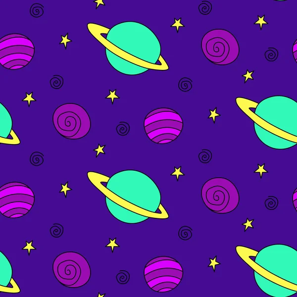 Baby seamless pattern. Different multi-colored cartoon planets and stars in space. Vector Cosmic background and texture. For kids design, fabric, wrapping, wallpaper, textile, apparel.