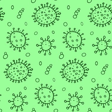 Kusursuz desenli bakteri taşıyıcı illüstrasyonu. COVID-19 'u durdurun. Çizgi karalama renk arkaplanı, doku, duvar kağıdı