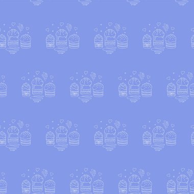 Paskalya pastası, tatlı ekmek ya da Paska ile kusursuz desen. Geleneksel ortodoks yemekleri olan bahar festivali arka planı ve dokusu karalama tarzında. El Çizimi vektör illüstrasyonu.