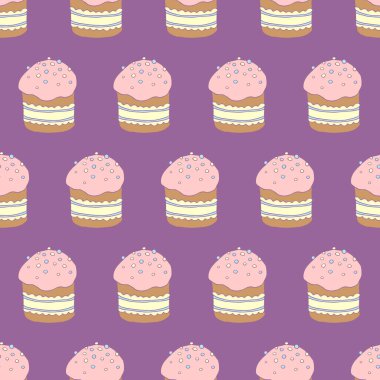 Kusursuz desen. Paskalya pastası, tatlı ekmek ya da Paska. Karikatür tarzında yumuşak renkli bahar festivali arka planı ve geleneksel yemekli doku. El Çizimi vektör illüstrasyonu.