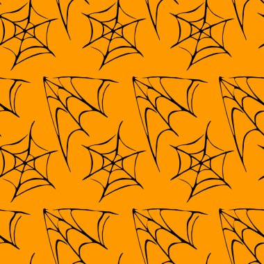 Örümcek ağı dikişsiz el çizimi desen. Beyaz siyah turuncu arka plan. Cadılar Bayramı dokusu.