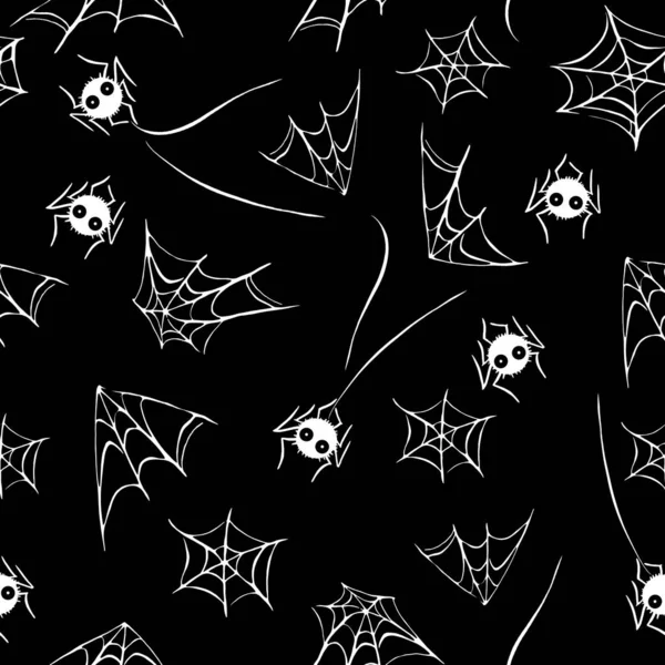 Spider web seamless hand drawn pattern. White black orange background. Halloween texture.