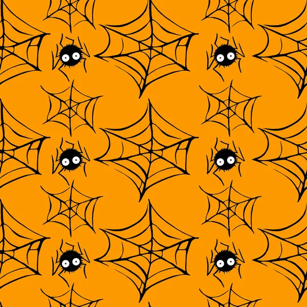 Spider web seamless hand drawn pattern. White black orange background. Halloween texture.