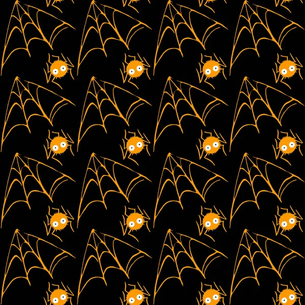 Spider web seamless hand drawn pattern. White black orange background. Halloween texture.