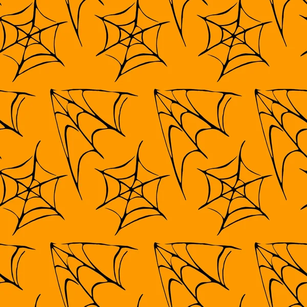 Spider web seamless hand drawn pattern. White black orange background. Halloween texture.