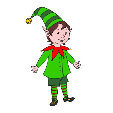 Sevimli küçük Noel Elf Çocuğu. Yeni yıl ve Xmas karakterleri. Tebrik kartları, takvimler, baskılar ve çocuk kitabı için basit renk çizelgesi.