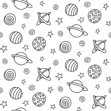 Bebek kusursuz desen. Karikatür gezegenleri ve uzaydaki yıldızlar. Vektör Kozmik arkaplan ve doku. Çocuklar için tasarım, kumaş, ambalaj kağıdı, boyama kitabı, tekstil, giysi.