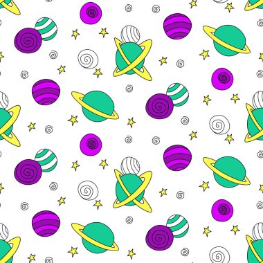 Bebek kusursuz desen. Farklı renkte çizgi film gezegenleri ve uzaydaki yıldızlar. Vektör Kozmik arkaplan ve doku. Çocuklar için tasarım, kumaş, ambalaj kağıdı, tekstil, giysi.