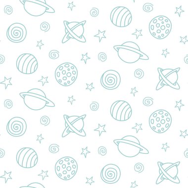 Bebek alanı kusursuz desen. Çizgi film mavi ana hatları gezegenler ve yıldızlar. Vektör kozmik arkaplan ve doku. Çocuk tasarımı, kumaş, ambalaj kağıdı, duvar kağıdı, tekstil, giysi.