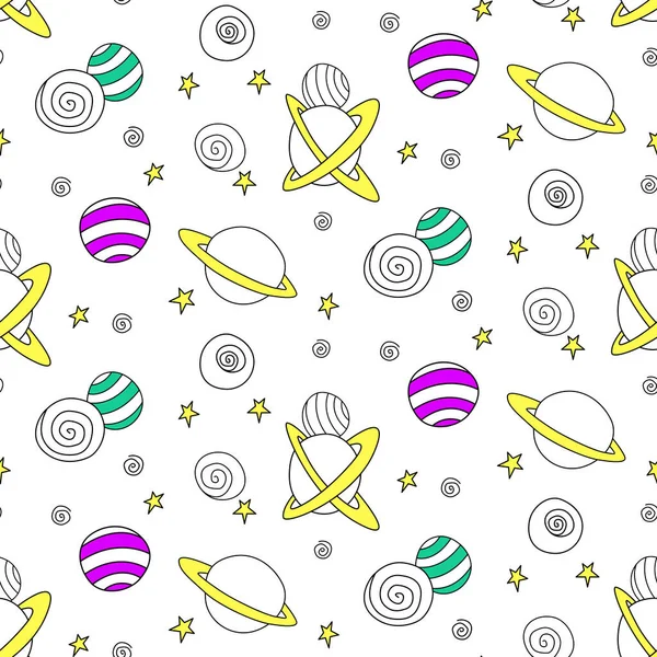 Baby seamless pattern. Different multi-colored cartoon planets and stars in space. Vector Cosmic background and texture. For kids design, fabric, wrapping paper, textile, apparel.