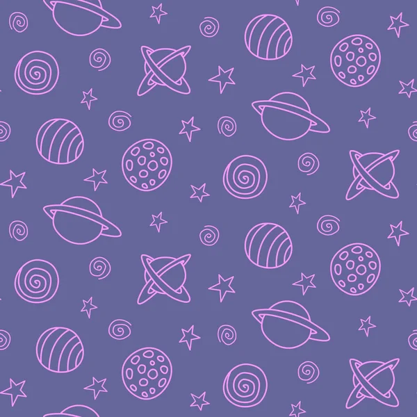 Дитячий Простір Безшовний Візерунок Мультяшний Синьо Рожевий Фіолетовий Контур Планет — стоковий вектор