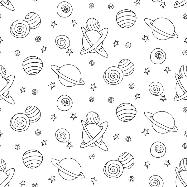 Baby seamless pattern. Cartoon planets and stars in space. Vector Cosmic background and texture. For kids design, fabric, wrapping paper, coloring book, textile, apparel.
