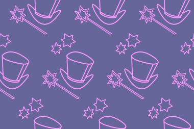 Simge ile kusursuz desen, bir sihirbaz, büyücü ya da hokkabazın sembolü. Silindir şapka, parlak sihirli değnek. Mavi mor pembe vektör dokusu. Parti posteri, reklamcılık, pankart tasarımı şablonu.