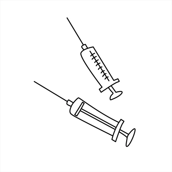 医療用注射器のセット 手描きのアウトラインドア ウイルスに対する治療と保護のための医療用品 Covid コロナウイルス 白い背景に隔離されている ベクトルEps10のイラスト — ストックベクタ
