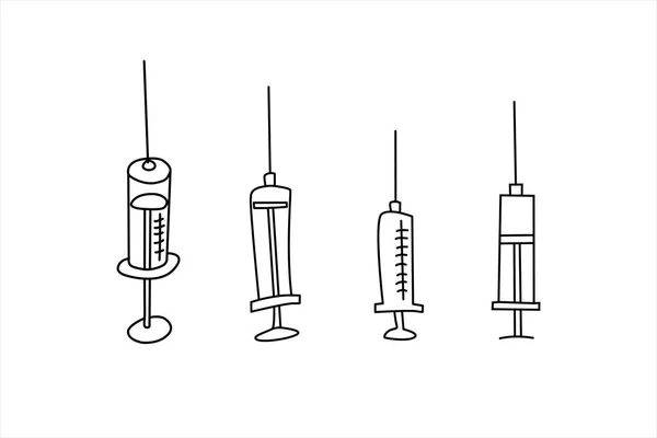 医療用注射器のセット 手描きのアウトラインドア ウイルスに対する治療と保護のための医療用品 Covid コロナウイルス 白い背景に隔離されている ベクトルEps10のイラスト — ストックベクタ