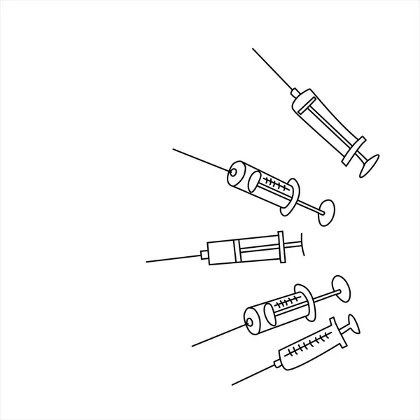 医療用注射器のセット 手描きのアウトラインドア ウイルスに対する治療と保護のための医療用品 Covid コロナウイルス 白い背景に隔離されている ベクトルEps10のイラスト — ストックベクタ