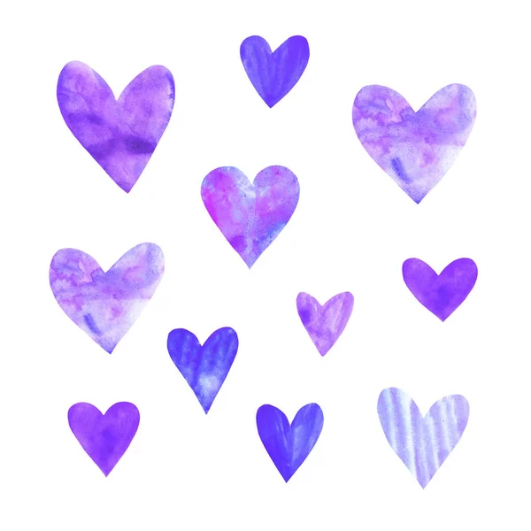 Set Purple Pink Watercolor Hearts Perfect Creating Romantic Postcards Valentines — Stock Photo, Image