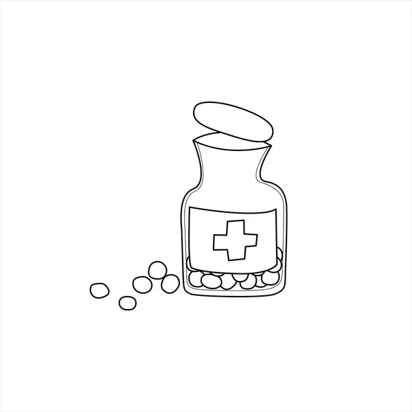 Vektorhandgezeichnete Tablettenflaschenillustration Gekritzelte Erste Hilfe Ikone Auf Weißem Hintergrund — Stockvektor