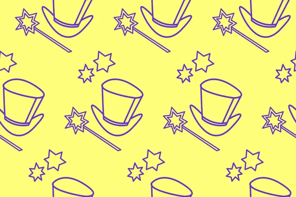 Simge ile kusursuz desen, bir sihirbaz, büyücü ya da hokkabazın sembolü. Silindir şapka, parlak sihirli değnek. Sarı mor pembe vektör dokusu. Parti posteri, reklamcılık, pankart tasarımı şablonu.