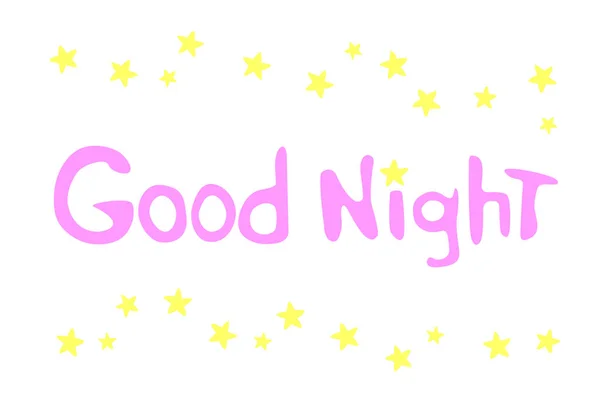 Good Night Vector Card Cartoon Style Pink Purple Yellow Handwritten — Stock Vector