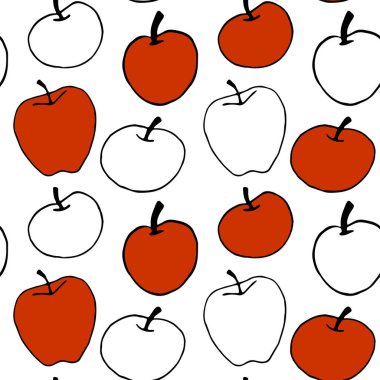 Kırmızı elmalar karalama stilinde kusursuz vektör deseni. Tekrarlanan baskı. Okula dönmek için mükemmel, yiyecek ambalajı, mutfak tekstili, Şükran Günü.