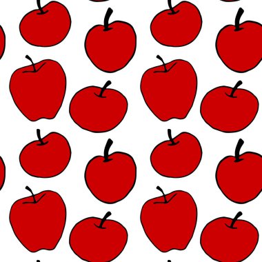 Karalama stilinde parlak kırmızı elmalar kusursuz vektör deseni. Beyaz arkaplanda tekrar eden iz izole edildi. Okula dönmek için mükemmel, yiyecek ambalajı, mutfak tekstili, Şükran Günü.