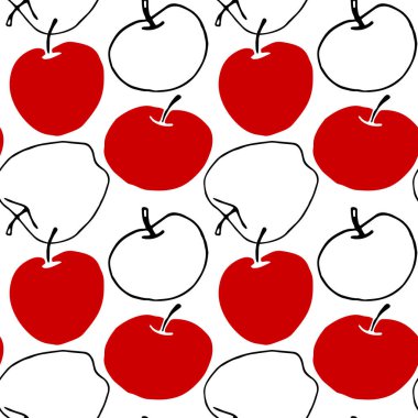 Kırmızı elmalar karalama stilinde kusursuz vektör deseni. Tekrarlanan baskı. Okula dönmek için mükemmel, yiyecek ambalajı, mutfak tekstili, Şükran Günü.