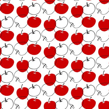 Kırmızı elmalar karalama stilinde kusursuz vektör deseni. Tekrarlanan baskı. Okula dönmek için mükemmel, yiyecek ambalajı, mutfak tekstili, Şükran Günü.