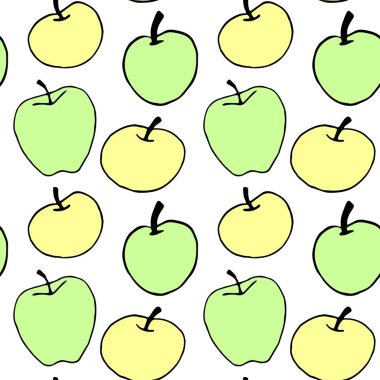 Yeşil sarı elmalar, pürüzsüz vektör renk deseni. Yaz sonbahar arkaplanı. Okula dönmek için mükemmel, elma toplama, yiyecek paketleme, mutfak tekstili..