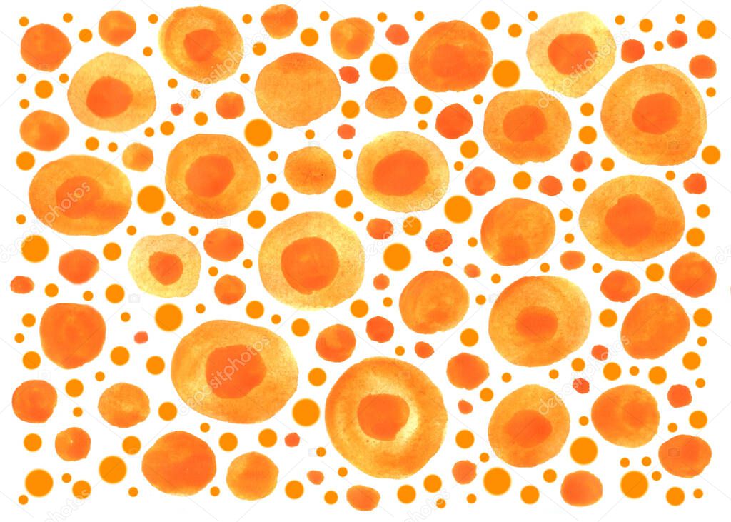 Abstract background of orange yellow circles, suns, and dots. Warm grunge texture. Children, sketch, doodle, hand drawn