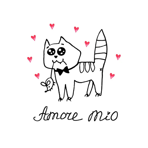 Simple Mignon Chat Avec Une Souris Dans Les Dents Doodle Amore Mio Element Design Pour Carte Simple Mignon Chat Avec Une Souris Dans Les Dents Doodle Amore Mio Element Design Pour Carte