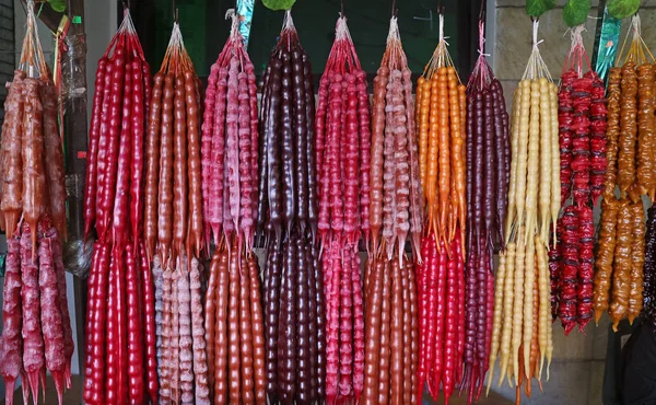 Variedad Churchkhela Dulces Georgianos Tradicionales Sabrosos Saludables Que Venden Todas —  Fotos de Stock