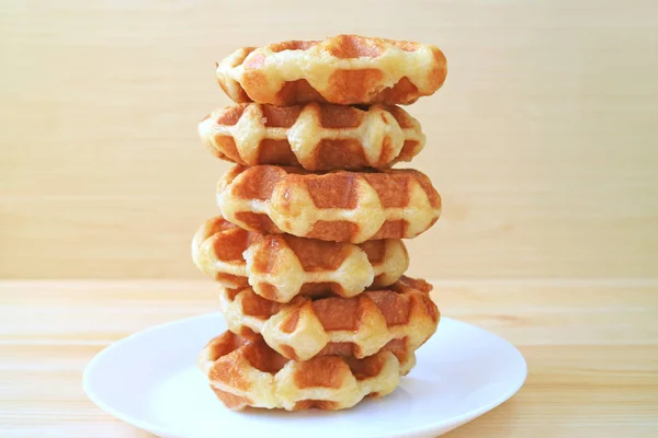 Stack Belgian Waffles White Plate Served Wooden Table — Stock Photo, Image
